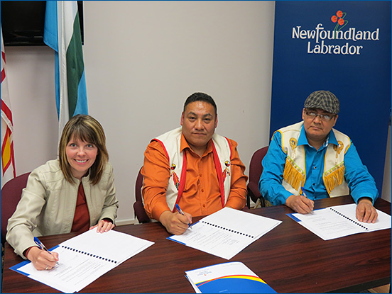 The Honourable Charlene Johnson, Minister of Child, Youth and Family Services, and Patricia Kemuksigak, Minister of Health and Social Development, were joined by the Honourable Felix Collins, Minister for Intergovernmental and Aboriginal Affairs; the Honourable Nick McGrath, Minister Responsible for Labrador Affairs; Nunatsiavut President Sarah Leo; staff of both the Department of Child, Youth and Family Services and the Nunatsiavut Government; as well as Inuit elders and foster parents for the signing of a Memorandum of Understanding between the Department of Child, Youth and Family Services and the Nunatsiavut Government in Nain on Tuesday, November 6, 2012.