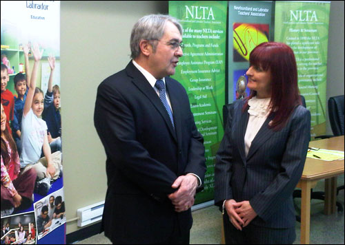 Education Minister Clyde Jackman speaks to NLTA president Lily B. Cole this morning just prior to a webcast to launch Education Week in Newfoundland and Labrador.