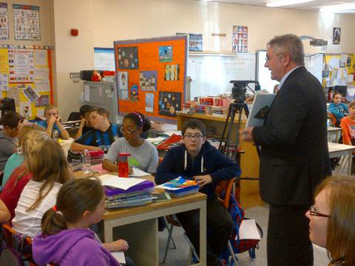 Education Minister Clyde Jackman addresses Grade 6 students at MacDonald Drive Elementary school as part of national Bullying Awareness Week activities - November 13, 2012