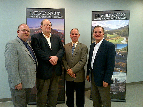 The Honourable Kevin O’Brien, Minister of Municipal Affairs, announced infrastructure funding today at Corner Brook City Hall.  (L-R) Vaughn Granter, MHA for Humber West; Honourable Tom Marshall, Minister of Finance and MHA for Humber East; Neville Greeley, Mayor of Corner Brook; Minister O’Brien. (September 28, 2012)