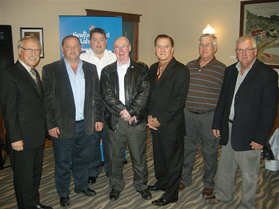 Mayors and counselors of Placentia-St Mary's join the Honourable Kevin O'Brien, Minister of Municipal Affairs, and the 	Honourable Felix Collins, MHA for Placentia-St Mary's for a municipal infrastructure announcement of $3.7 million. Left to right: Minister Felix Collins, Mayor Gary Keating of Long Harbour, Councillor Wayne Power of Placentia, Mayor Jack Maher of Fox Harbour, Minister Kevin O'Brien, Mayor Joe Dillon of St Mary's and Mayor Eugene Manning of St Bride's.