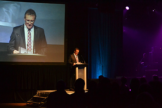 The Honourable Derrick Dalley, Minister of Tourism, Culture and Recreation, presented the Lifetime Achievement Award to the family of the late Peter Narvaez at the Music Newfoundland and Labrador Awards Gala. October 14, 2012