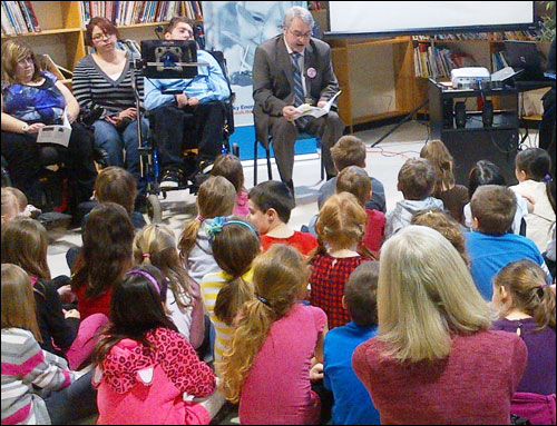 Education Minister Clyde Jackman addresses Grade 6 students at MacDonald Drive Elementary school as part of national Bullying Awareness Week activities - November 13, 2012