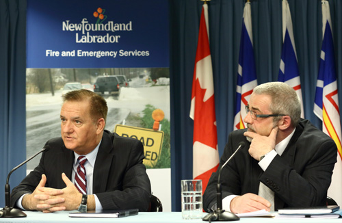 Minister Responsible for Fire and Emergency Services Kevin O'Brien and FES-NL CEO Mike Samson (R) outline key decisions on the implementation of province-wide basic 911. April 16, 2013.