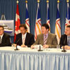 The Honourable Nick McGrath, Minister of Transportation and Works, announcing over $61 million in investments to advance the vessel replacement strategy.  Joining Minister McGrath; Honourable Derrick Dalley, Minister of Natural Resources and MHA for The Isles of Notre Dame, Jan W. Van Hogerwou, Manager North America, Damen Shipyards, and David Brazil, MHA for Conception Bay East-Bell Island – November 13, 2013