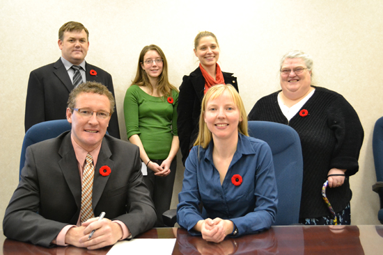 Jenny Seeman, President, Association of Newfoundland and Labrador Archives (ANLA) and the Honourable Derrick Dalley, Minister of Tourism, Culture and Recreation, were recently joined by members of the ANLA executive and archives community to proclaim November 14-20 as Archives Week. From back left are: Greg Walsh, Provincial Archivist, The Rooms; Emily Gushue, Director, ANLA; Colleen Quigley, Chair, ANLA Education Committee; and Mary Ellen Wright, Professional Development and Outreach Officer, ANLA