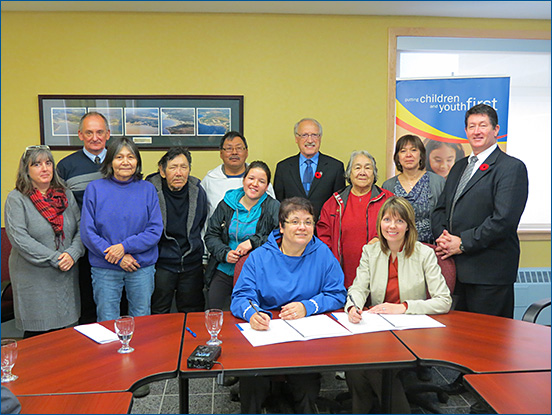 The Honourable Charlene Johnson, Minister of Child, Youth and Family Services, and Patricia Kemuksigak, Minister of Health and Social Development, were joined by the Honourable Felix Collins, Minister for Intergovernmental and Aboriginal Affairs; the Honourable Nick McGrath, Minister Responsible for Labrador Affairs; Nunatsiavut President Sarah Leo; staff of both the Department of Child, Youth and Family Services and the Nunatsiavut Government; as well as Inuit elders and foster parents for the signing of a Memorandum of Understanding between the Department of Child, Youth and Family Services and the Nunatsiavut Government in Nain on Tuesday, November 6, 2012.
