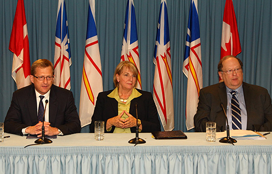 Premier Kathy Dunderdale announced at a news conference that the Government of Newfoundland and Labrador will collect $150 million to resolve a dispute concerning in-province fabrication of a third module for the Hebron Project. The Premier was joined by Minister of Natural Resources Jerome Kennedy and Minister of Finance Tom Marshall for the announcement. October 11, 2012.