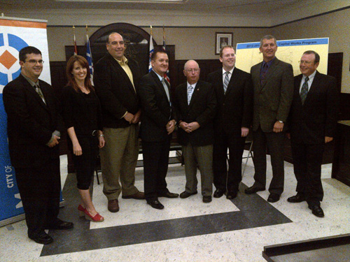The Honourable Kevin O'Brien, Minister of Municipal Affairs, announces infrastructure funding for the City of Mount Pearl. Minister O'Brien was joined by the Honourable Paul Davis, Minister of Service NL and MHA for Topsail; Steve Kent, MHA for Mount Pearl North; Paul Lane, MHA for Mount Pearl South; and Mayor Randy Simms and councillors from the City of Mount Pearl.
